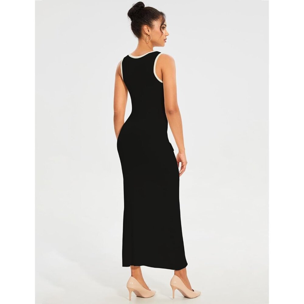 Womens Sleeveless Knit Maxi Dress Ribbed Bodycon Elegant Button Down Summer - Picture 7 of 8